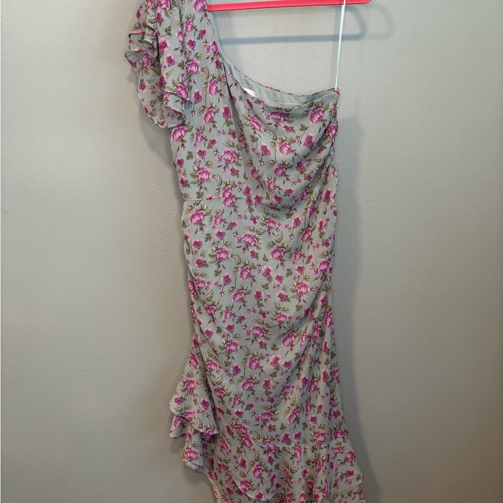 ASTR The Label Blue Lavender One Shoulder Floral Ruffle Dress